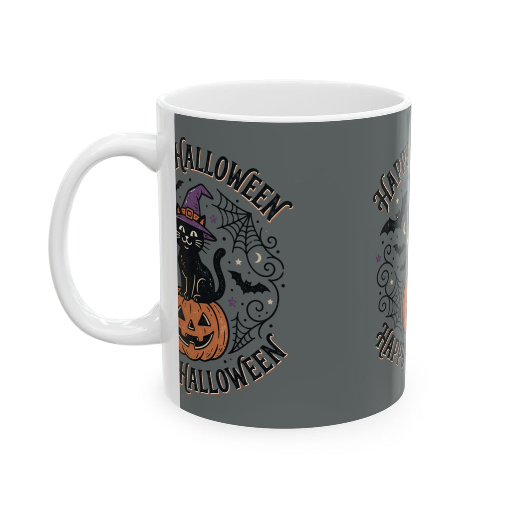 Happy Halloween Cat Pumpkin Ceramic Mug — Black Cat in Witch Hat Halloween Coffee Cup (11oz/15oz)