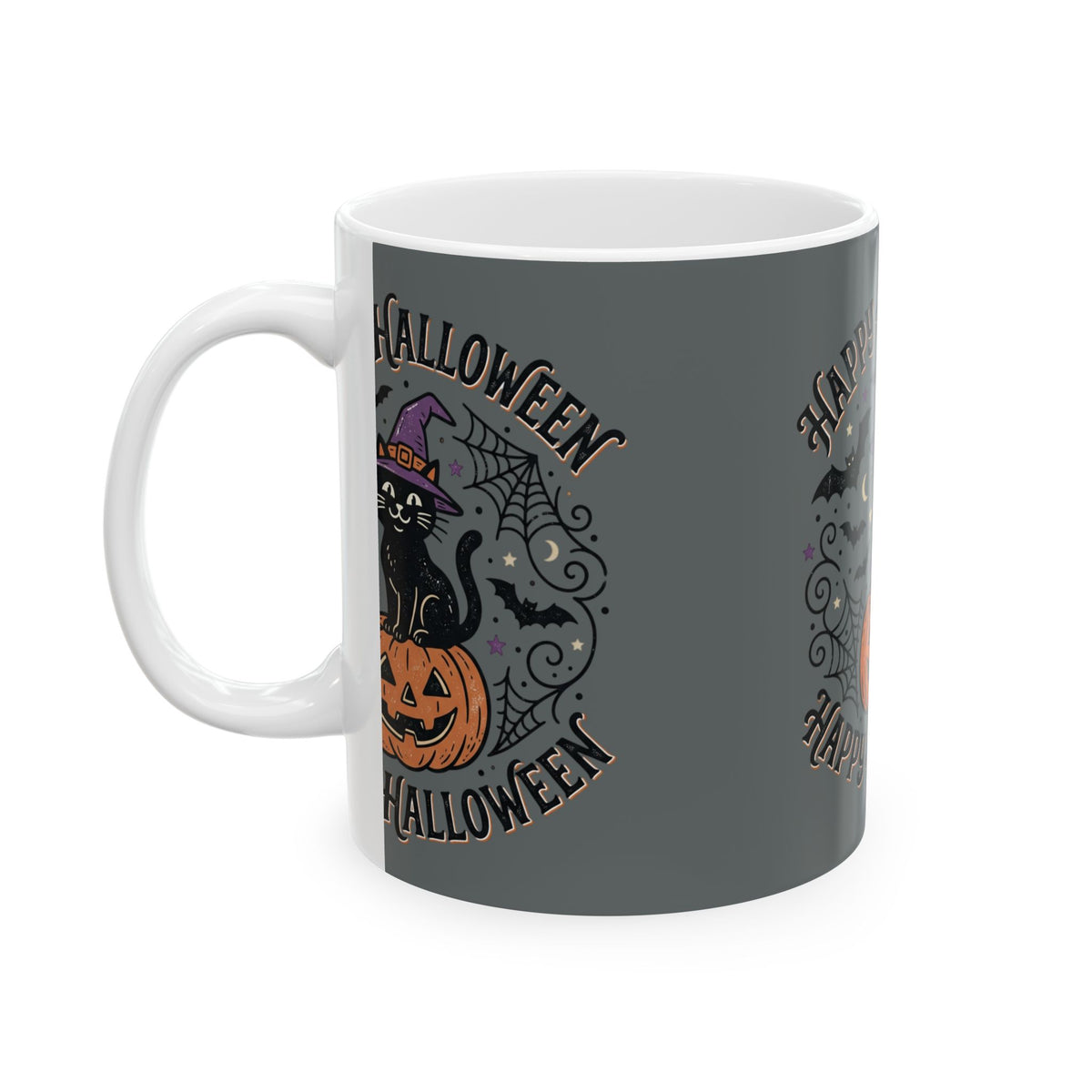 Happy Halloween Cat Pumpkin Ceramic Mug — Black Cat in Witch Hat Halloween Coffee Cup (11oz/15oz)