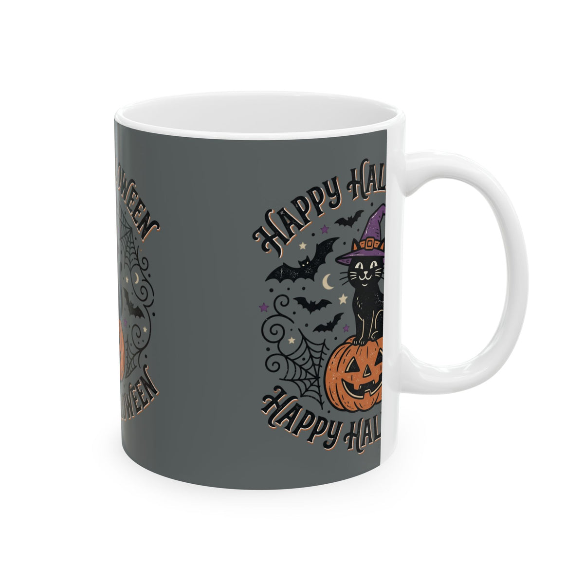 Happy Halloween Cat Pumpkin Ceramic Mug — Black Cat in Witch Hat Halloween Coffee Cup (11oz/15oz)