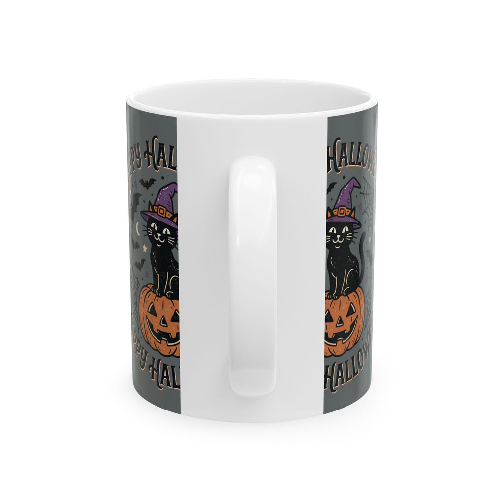 Happy Halloween Cat Pumpkin Ceramic Mug — Black Cat in Witch Hat Halloween Coffee Cup (11oz/15oz)