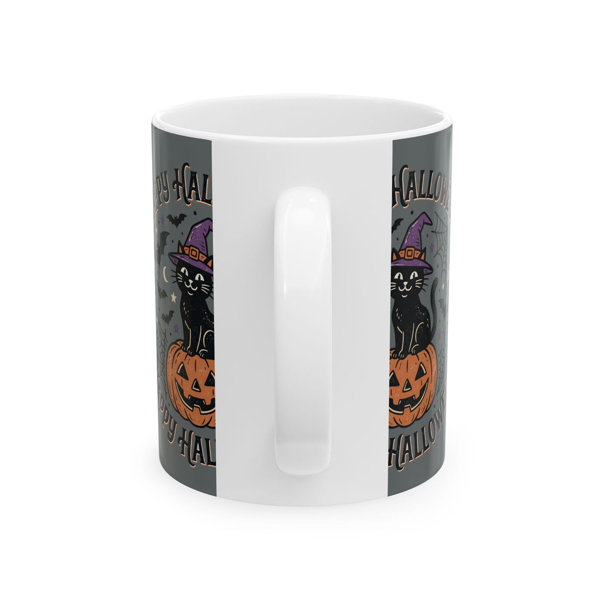 Happy Halloween Cat Pumpkin Ceramic Mug — Black Cat in Witch Hat Halloween Coffee Cup (11oz/15oz)
