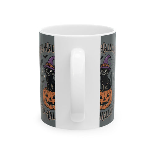 Happy Halloween Cat Pumpkin Ceramic Mug — Black Cat in Witch Hat Halloween Coffee Cup (11oz/15oz)
