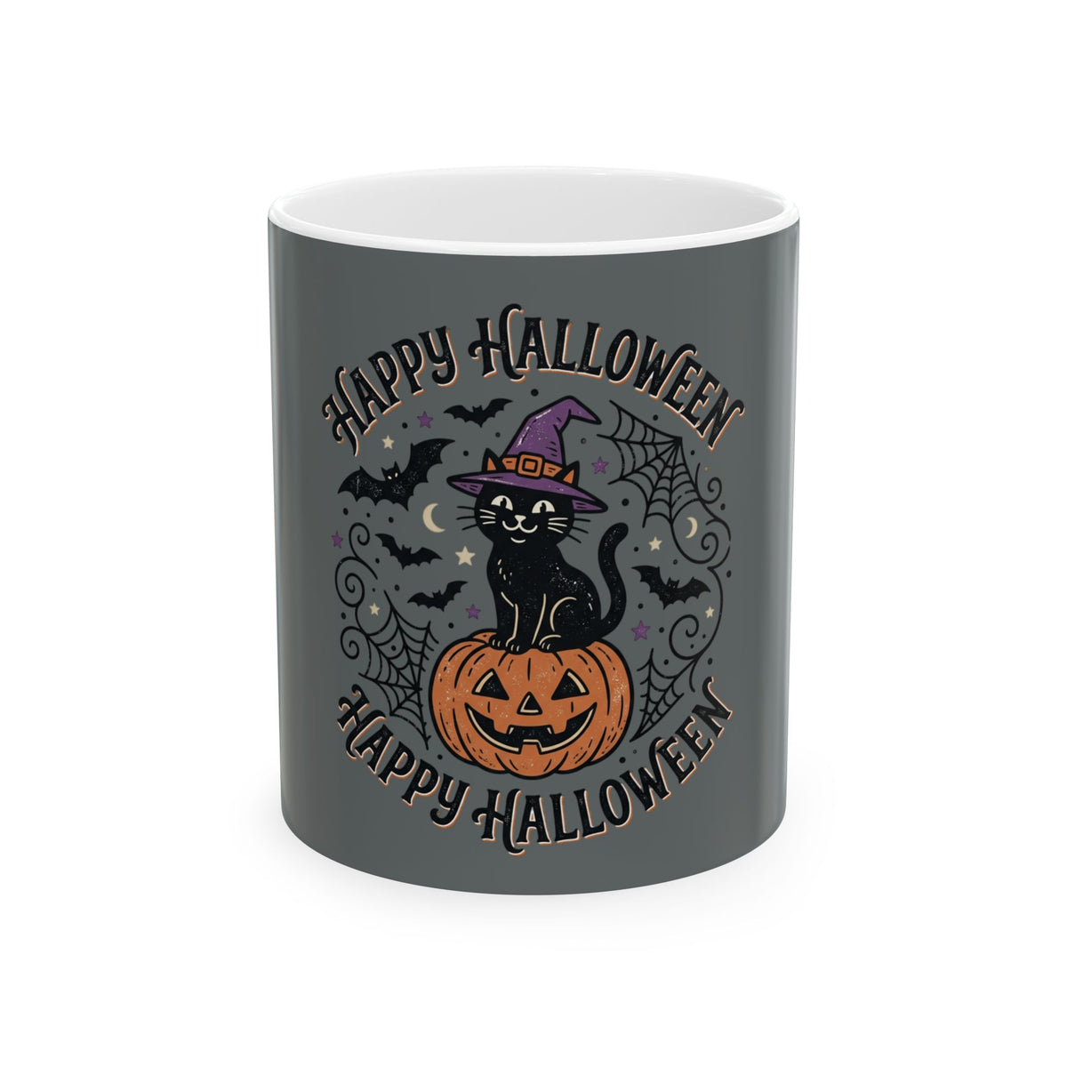 Happy Halloween Cat Pumpkin Ceramic Mug — Black Cat in Witch Hat Halloween Coffee Cup (11oz/15oz)